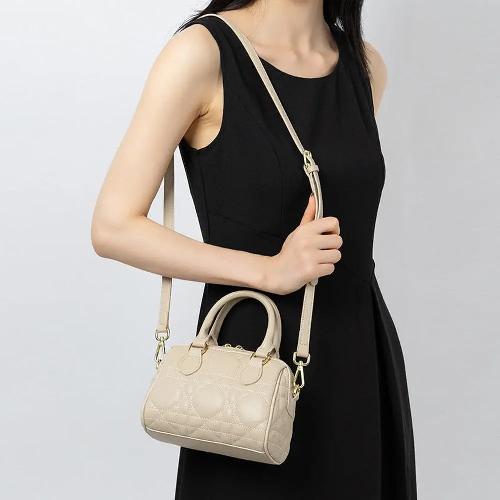 Genuine Leather Rhombus Boston Shoulder Bag